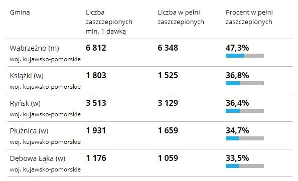 Procent zaszczepionych z podziałem na gminy (stan na 28 lipca 2021) źródło: gov.pl