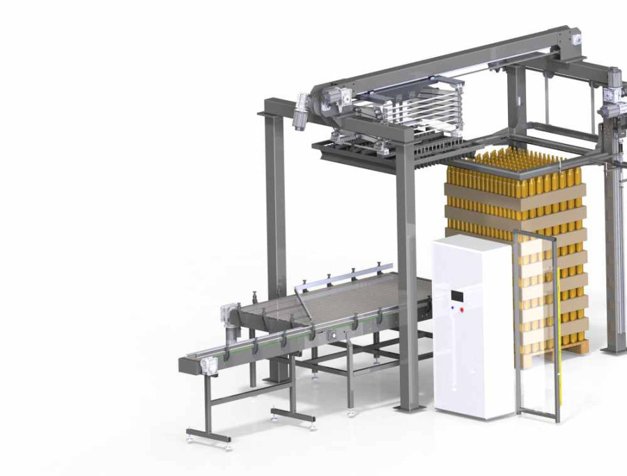 Depaletyzator warstwowy zdejmujący butelki z palety na linię produkcji spożywczej