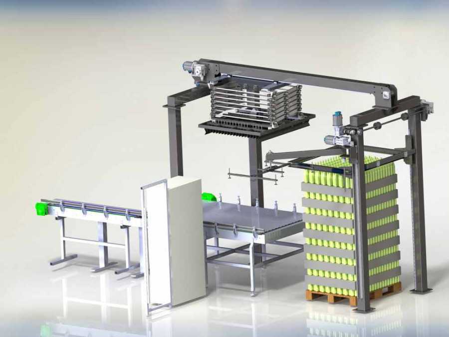 Depaletyzator kolumnowy rozładowujący warstwy produktów z palety w zakładzie przemysłowym